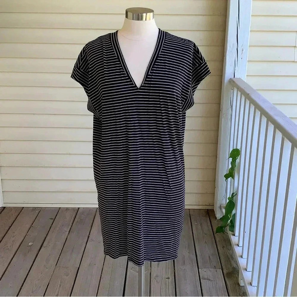 Frame Le V Mini T-Shirt Dress Women’s Large Noir Black Stripes Pima Cotton - Picture 2 of 9